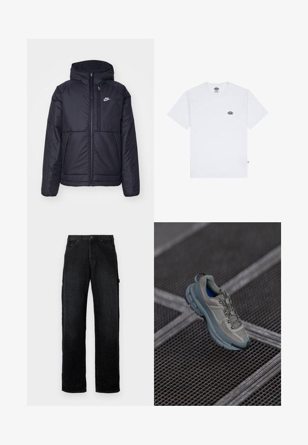 Črna, podložena Nike jakna z sprednjim zadrgo in kapuco. Ima bel logo na levem prsnem delu in dvojna sprednja žepa. Gladka zunanja tekstura.; Bela bombažna majica s kratkimi rokavi,ki ima majhen črn logotip na prsih in oznako v spodnjem levem kotu.; Črne denim hlače s ravnimi nogavicami, ki imajo sprednje žepke, zapiranje na gumb in stranske žepke za dodatno shranjevanje.; Bež in siva športna čevlja z teksturiranim mrežastim zgornjim delom, okroglem nosu in gumijastim podplatom, opremljena z vezalkami in oblazinjenim ovratnikom.