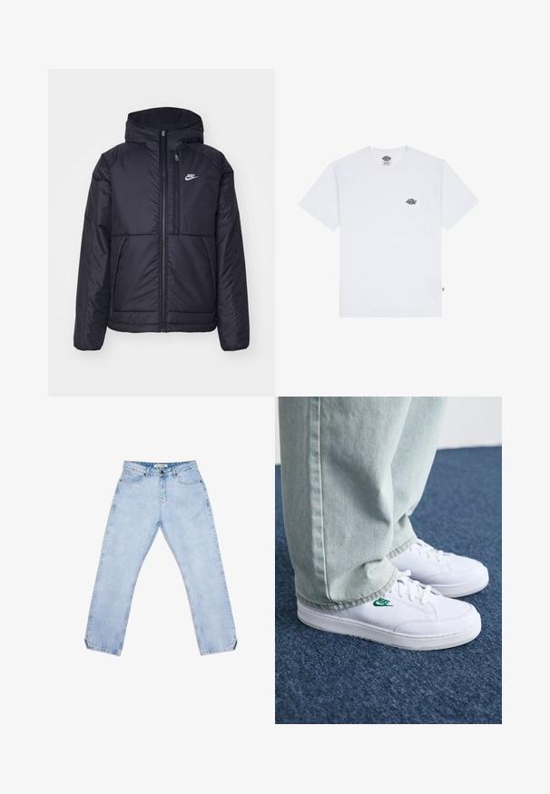 Črna, podložena Nike jakna z sprednjim zadrgo in kapuco. Ima bel logo na levem prsnem delu in dvojna sprednja žepa. Gladka zunanja tekstura.; Bela bombažna majica s kratkimi rokavi,ki ima majhen črn logotip na prsih in oznako v spodnjem levem kotu.; Svetlo modre jeans hlače s ravnimi hlačnicami, z petimi žepi, zapiranjem na gumb in subtilnim bledenjem. Brez vidnih vzorcev ali logotipov.; Bela usnjena športna obutev z zelenim Nike logotipom, okrogla konica, ravna podplat, v kombinaciji z svetlo modrimi kavbojkami, prikazana na modrem preprogu.