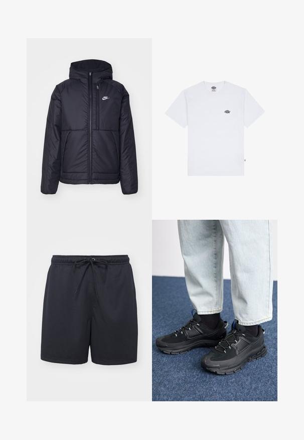 Crna Nike jakna s podstavom, dugmadi sprijeda i kapuljačom. Ima bijeli logotip na lijevoj strani prsnog koša i dva prednja džepa. Glatka vanjska tekstura.; Bijela pamučna majica s kratkim rukavima, koja ima mali crni logotip na prsima i oznaku u donjem lijevom kutu.; Crne atletske kratke hlače od teksturiranog, prozračnog materijala; imaju elastičnu sredinu struka s vezicom za prilagodljivu veličinu.; Crne atletske cipele s teksturiranom tkaninom i gumene potplate, s elastičnim vezicama i plavim akcentom na peti. Nosene su s svijetlim trapericama.