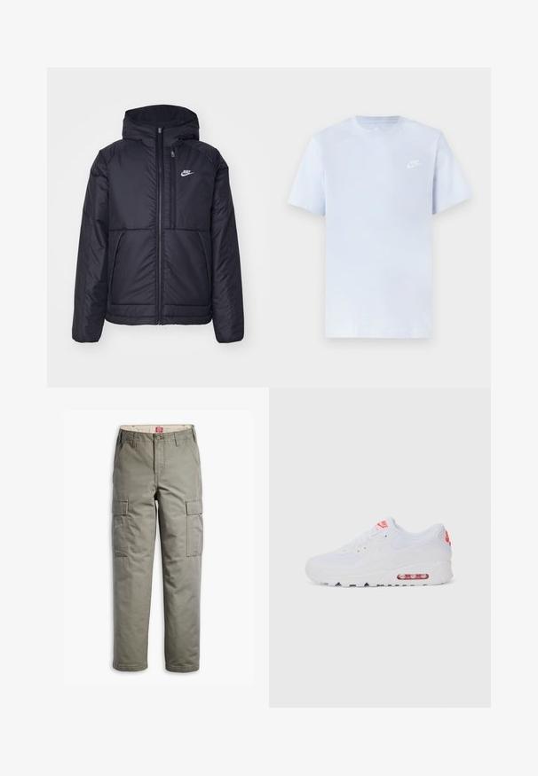 Svart, polstret Nike-jakke med frontglidelås og hette. Har en hvit logo på venstre bryst og doble frontlommer. Glatt ytterside.; Lyseblå bomull T-skjorte med korte ermer, rund hals, og en hvit Nike-logo trykket på venstre bryst. Glatt tekstur, enkelt design.; Cargo bukser i olivengrøn, lavet af slidstærk bomuldsblanding, med sidelommer, lige ben-design og knaplukning.; Hvite atletiske joggesko med glatt overdel, snøring, polstret såle og synlig luftenhet med røde detaljer på merket.