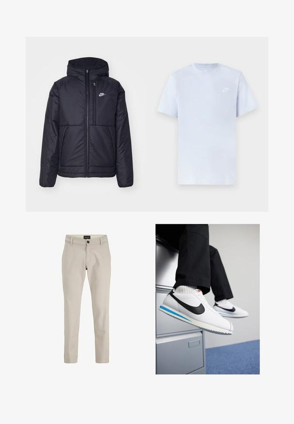 Giacca Nike nera, imbottita, con zip frontale e cappuccio. Presenta un logo bianco sul lato sinistro del petto e doppie tasche frontali. Texture esterna liscia.; T-shirt in cotone azzurro chiaro con maniche corte, collo rotondo e logo Nike bianco stampato sul lato sinistro del petto. Tessuto liscio, design semplice.; Chino beige in cotone con design a gamba dritta, caratterizzati da chiusura con bottone frontale e passanti per cintura. Texture liscia, stile minimalista.; Sneakers in pelle bianca con uno swoosh Nike nero, suola in gomma leggera blu e grigia, e un classico design con lacci. I piedi poggiano su un armadietto.