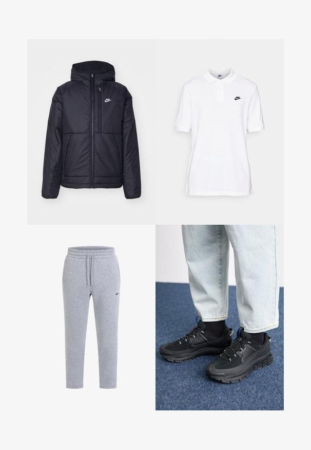 Chaqueta acolchada negra de Nike con cremallera frontal y capucha. Presenta un logo blanco en el lado izquierdo del pecho y dos bolsillos frontales. Textura exterior suave.; Camisa polo de algodón blanca con cuello clásico, mangas cortas y un logo negro de Nike en el lado izquierdo del pecho.; Pantalones de chándal grises hechos de una tela suave y texturizada. Cuentan con una cintura elástica con cordón y un pequeño acento de logo negro.; Zapatillas deportivas negras con tejido texturizado y suelas de goma, con cordones elásticos y un acento azul en el talón. Combinadas con pantalones de mezclilla claros.