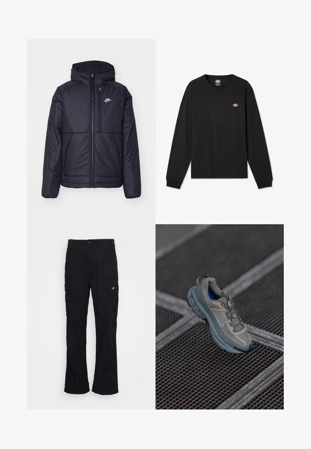 Must musta Nike jope, millel on ees lukuga avamine ja kapuuts. Vasakpoolne rind on kaunistatud valge logoga ning ees on kaks taskut. Sile välimine tekstuur.; Mustad musta pikkade varrukatega T-särk puuvillast, millel on väike mitmevärviline Dickies logo vasakul rinnaku piirkonnas ja soonikkoes mansetid.; Mustadest kottpükstest, mis on sirge lõikega, valmistatud vastupidavast kangast, küljetaskute ja vasakul küljel oleva logoga.; Beige ja hall sportlik king, millel on tekstuuriga võrkpealne, ümar nina ja kummist tald, varustatud paelte ja pehmendatud kraega.