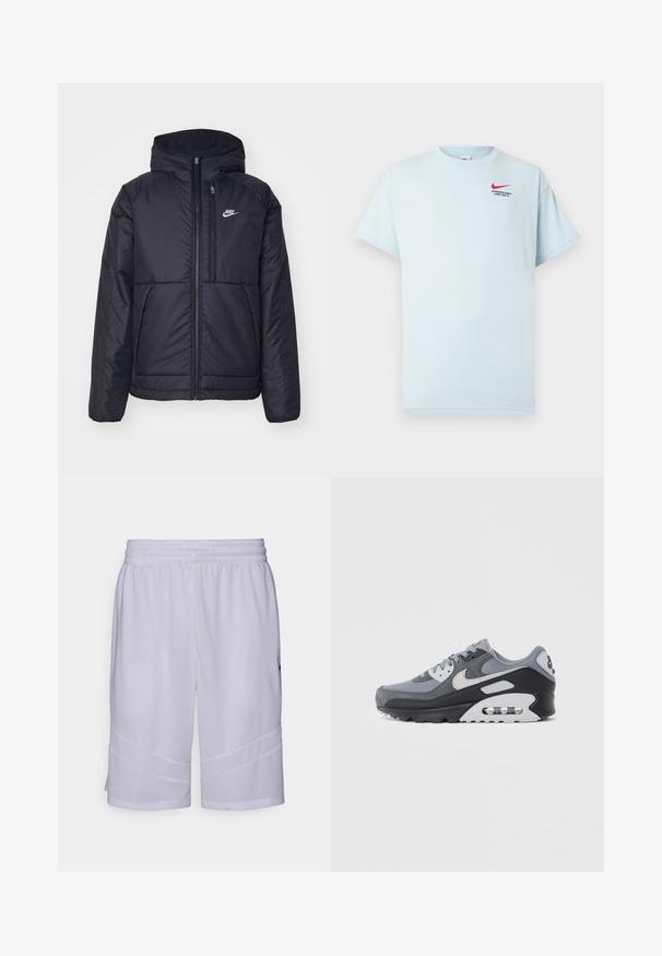 Black, padded Nike jacket with a front zipper and hood. Features a white logo on the left chest and dual front pockets. Smooth exterior texture.; Light blue cotton t-shirt with short sleeves, round neck, and a red Nike swoosh logo. Text reads "ATHLETIC DEPT. JUST DO IT."; White athletic shorts made of breathable mesh fabric. Features an elastic waistband and angled panel details at the hem.; Gray sneaker featuring a mix of mesh and suede materials, with a black sole and visible air unit. Notable light gray accents and laces.