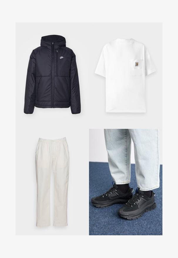 Casaco Nike preto, acolchoado, com fecho à frente e capuz. Apresenta um logo branco no lado esquerdo do peito e dois bolsos frontais. Textura exterior lisa.; T-shirt branca de algodão com decote redondo, mangas curtas e um bolso no peito com um emblema. Design minimalista e textura sem costuras.; Levi's® XX CHINO EZ TAPER II - Calças - sodium white s twill gd; Sapatilhas desportivas pretas com tecido texturizado e solas em borracha, apresentando atacadores elásticos e um detalhe azul no calcanhar. Usadas com calças de ganga claras.