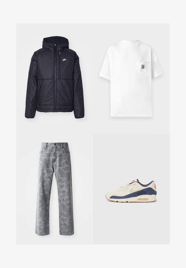 Veste Nike noire rembourrée avec une fermeture éclair sur le devant et une capuche. Elle présente un logo blanc sur la poitrine gauche et deux poches avant. Texture extérieure lisse.; T-shirt en coton blanc avec col rond, manches courtes et poche poitrine avec un écusson de logo. Design minimaliste et texture sans coutures.; Jean en denim gris avec un motif camouflage, coupe droite, cinq poches et fermeture à boutons.; Baskets avec un dessus en cuir crème et en suède bleu marine, dotées d'une semelle à air visible, d'une semelle en caoutchouc beige et d'un accent rouge au talon.