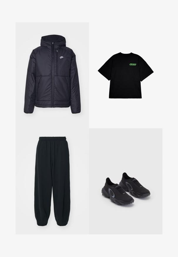 Black, padded Nike jacket with a front zipper and hood. Features a white logo on the left chest and dual front pockets. Smooth exterior texture.; Black oversized t-shirt made of cotton, featuring short sleeves and a green logo on the left chest area. Simple, round neckline design.; Black, elasticated-waist sweatpants with a loose fit, cuffed ankles, smooth texture, and no visible patterns or hardware accents.; Black slip-on sneakers with a textured upper and rubber sole. Features a grey circular accent and elastic band across the instep for fit.