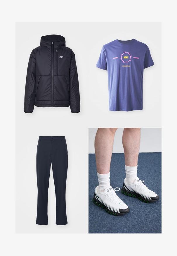 Black, padded Nike jacket with a front zipper and hood. Features a white logo on the left chest and dual front pockets. Smooth exterior texture.; Purple cotton T-shirt with short sleeves featuring a bold graphic design. Includes "Nike" in yellow within a pink swirl and text accents.; Navy blue, tailored trousers in polyester blend material. Features a button closure, side pockets, and a straight leg design.; White athletic shoes with black accents and green cushioning. Features a textured upper, lace-up closure, and visible brand logo.
