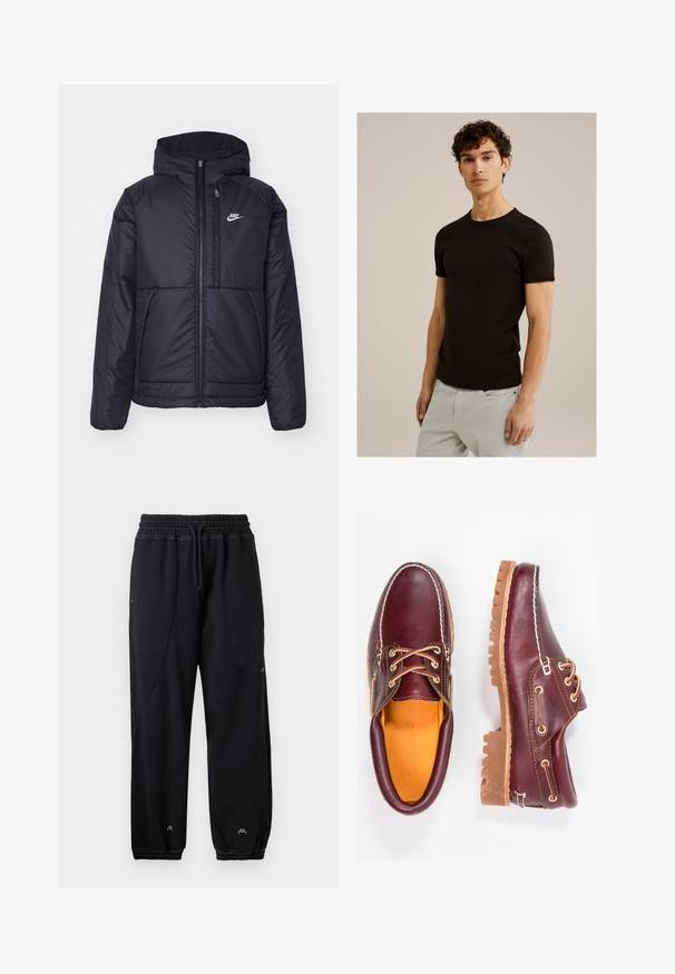 Melna, pufota Nike jaka ar priekšējo rāvējslēdzēju un kapuci. Iezīmēta ar baltu logotipu uz kreisās krūtis un divām priekšējām kabatām. Gluda ārējā tekstūra.; Melnā īsām piedurknēm T-krekls ar apaļu kakla izgriezumu, izgatavots no gludas, elastīgas auduma. Piegriezums ir sašaurināts, paredzēts, lai cieši pieguļ ķermenim.; Melni sporta bikses ar elastīgu jostu un auklu. Iekļauj sānu kabatas un elastīgas aproces, izgatavotas no mīksta auduma.; Burgundijas krāsas ādas apavi ar brūniem gumijas zole, apaļiem purngalu, baltu šuvumu un zelta caurumiem. Iekšpusei ir dzeltena oderējums.