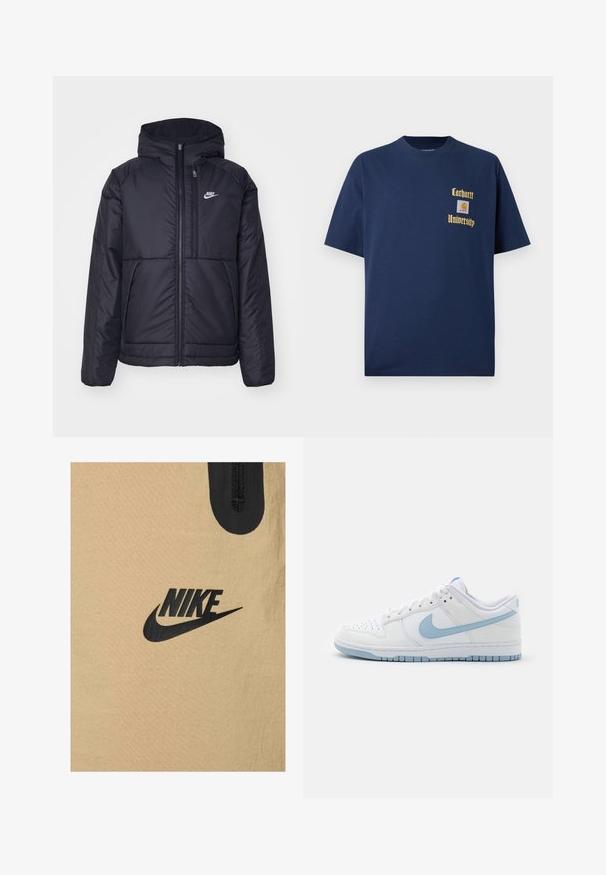 Schwarze, gepolsterte Nike-Jacke mit Frontreißverschluss und Kapuze. Hat ein weißes Logo auf der linken Brust und zwei Fronttaschen. Glattes äußeres Material.; Marineblaue Baumwoll-T-Shirt mit kurzen Ärmeln, mit goldener Schrift "Carhartt University" und einem Logo-Patch auf der linken Brust.; Nike beiger Stoff mit glatter Textur, versehen mit einem auffälligen schwarzen Logo-Design. Enthält einen kurzen schwarzen Reißverschluss an der Oberseite.; Weißer Low-Top-Sneaker mit hellblauem Nike-Swoosh, hellblauen Sohlenakzenten und weißen Schnürsenkeln vor einem schlichten neutralen Hintergrund.