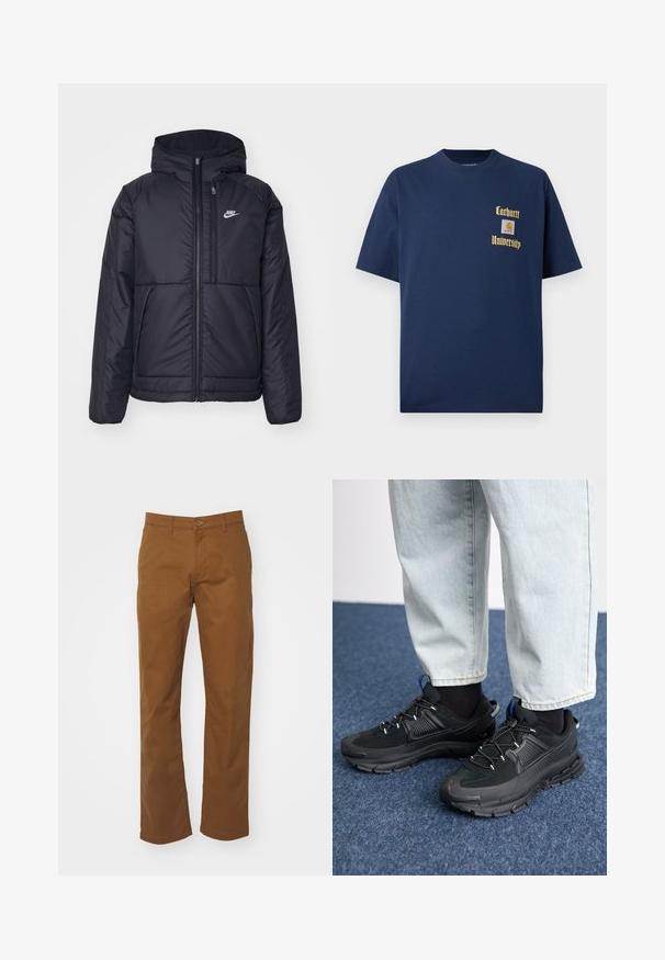 Svart, vadderad Nike-jacka med dragkedja framtill och huva. Har en vit logotyp på vänster bröst och dubbla framfickor. Slät yttextur.; Marinblå bomull t-shirt med korta ärmar, med guldtexten "Carhartt University" och en logopatch på vänster bröst.; Bruna bomullschinos med rak passform. Har en knapp- och dragkedjestängning, bälteslingor och två sidofickor. Slät textur och minimal dekor.; Svarta sportskor med texturerat tyg och gummisulor, med elastiska snörningar och en blå detalj på hälen. Bärs med ljusa jeans.