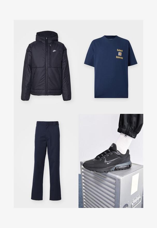 Černá zateplená bunda Nike s předním zipem a kapucí. Na levé straně hrudi má bílé logo a dvojité přední kapsy. Hladký povrch.; Námořnická modrá bavlněná tričko s krátkým rukávem, se zlatým textem "Carhartt University" a nášivkou na levé hrudi.; Tmavě modré kalhoty vyrobené z látky, s rovnými nohavicemi, poutky na opasek a s čistým zakončením na lemu. Žádné viditelné vzory ani akcenty.; Nike Sportswear PULSE - Tenisky - black/anthracite