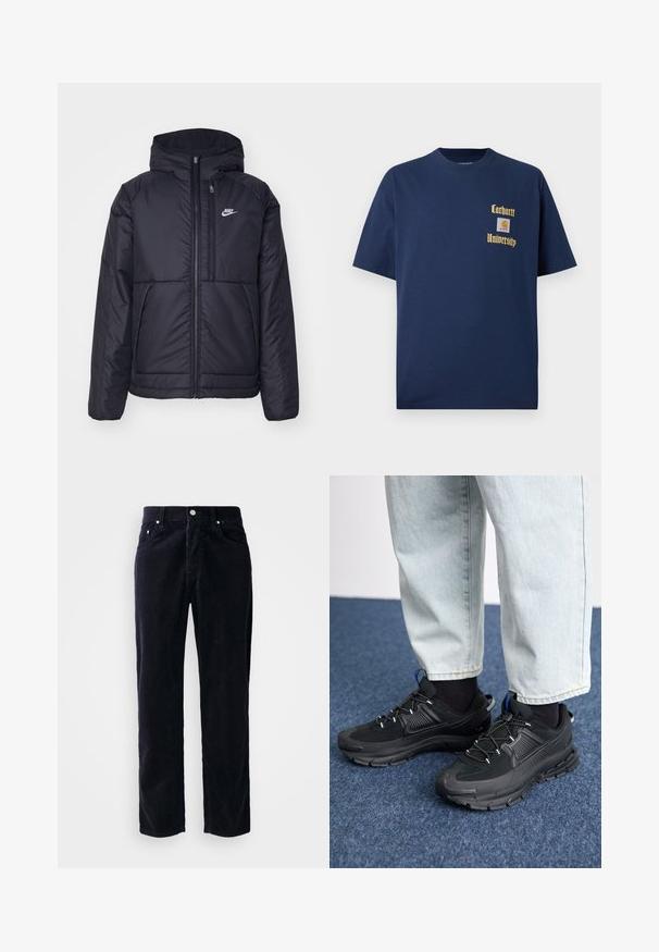 Black, padded Nike jacket with a front zipper and hood. Features a white logo on the left chest and dual front pockets. Smooth exterior texture.; Navy blue cotton t-shirt with short sleeves, featuring gold text "Carhartt University" and a logo patch on the left chest.; Navy corduroy pants with a straight cut, five pockets, and button closure. Features vertical ribbed texture and metal hardware accents.; Black athletic shoes with textured fabric and rubber soles, featuring elastic laces and a blue accent on the heel. Worn with light denim pants.