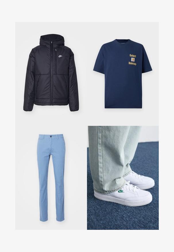 Casaco Nike preto, acolchoado, com fecho à frente e capuz. Apresenta um logo branco no lado esquerdo do peito e dois bolsos frontais. Textura exterior lisa.; T-shirt de algodão azul-marinho com mangas curtas, apresentando texto dourado "Carhartt University" e um emblema no lado esquerdo do peito.; Chinos em azul claro, com pernas retas, feitos de tecido de algodão. Apresentam um fecho frontal com botão, passantes para cinto e bolsos frontais. Textura suave.; Tênis de couro brancos com logo verde da Nike, bico redondo, sola plana, combinados com calças de denim azul claro, exibidos sobre um tapete azul.