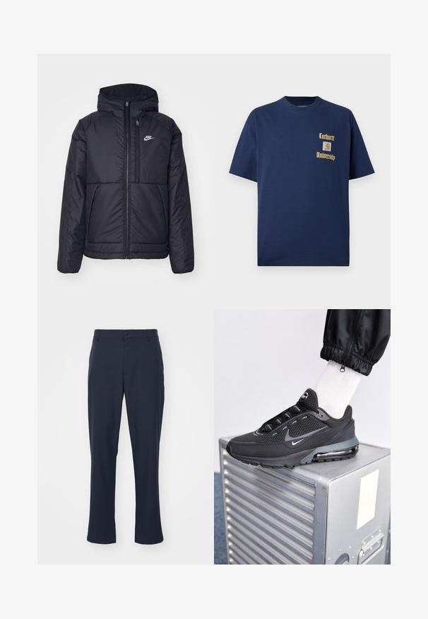 Giacca Nike nera, imbottita, con zip frontale e cappuccio. Presenta un logo bianco sul lato sinistro del petto e doppie tasche frontali. Texture esterna liscia.; T-shirt in cotone blu navy con maniche corte, caratterizzato da testo dorato "Carhartt University" e un patch del logo sul lato sinistro del petto.; Pantaloni tagliati blu navy in misto poliestere. Presentano una chiusura con bottone, tasche laterali e un design a gamba dritta.; Nike Sportswear PULSE - Sneakers basse - black/anthracite