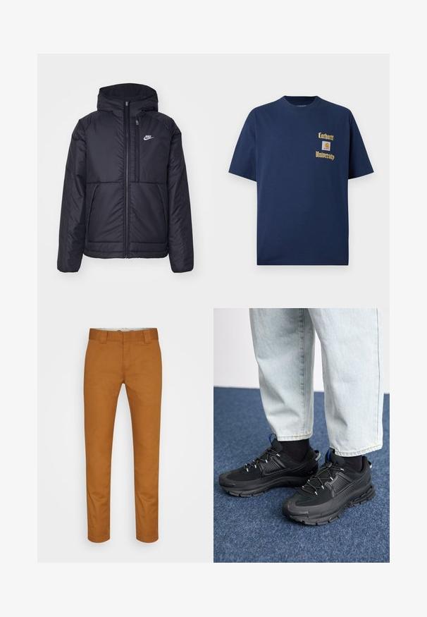Čierna, polstrovaná bunda Nike so zipsom vpredu a kapucňou. Na ľavej strane hrude sa nachádza biele logo a sú tu dva predné vrecká. Hladký vonkajší povrch.; Námornícky modré bavlnené tričko s krátkymi rukávmi, s vyšívaným zlatým textom "Carhartt University" a nášivkou loga na ľavom prsníku.; Hnedé bavlnené nohavice s rovnými nohavicami, prednými vreckami a čistou, hladkou textúrou. Majú pútka na opasok a diskrétne prešitie.; Čierne športové topánky s textúrovanou tkaninou a gumovou podrážkou, so elastickými šnúrkami a modrým akcentom na päte. Nosia sa s svetlými riflami.