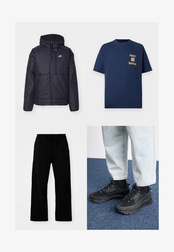 Svart, polstret Nike-jakke med frontglidelås og hette. Har en hvit logo på venstre bryst og doble frontlommer. Glatt ytterside.; Mørk blå bomull t-skjorte med korte ermer, med gulltekst "Carhartt University" og et logo-patch på venstre bryst.; Svart, elastisk bukse med justerbar snor i midjen, brede ben og en glat bomullstekstur. Ingen synlige mønstre eller metalldetaljer.; Svarte sportssko med teksturert stoff og gummisåler, med elastiske lisser og en blå detalj på hælen. Brukt med lyse denimbukser.