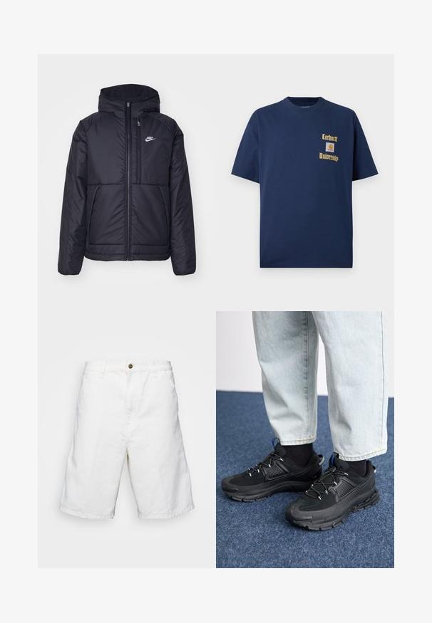 Melna, pufota Nike jaka ar priekšējo rāvējslēdzēju un kapuci. Iezīmēta ar baltu logotipu uz kreisās krūtis un divām priekšējām kabatām. Gluda ārējā tekstūra.; Tumši zila kokvilnas T-krekls ar īsām piedurknēm, ar zelta tekstu "Carhartt University" un logo uzšuvumu kreisajā krūtī.; Baltas kokvilnas šorti ar taisnu piegriezumu, kas aprīkoti ar pogu aizdari un jostu cilpiņām, ar gludu tekstūru un līdz ceļiem garumu.; Melni sporta apavi ar strukturētu audumu un gumijas zoli, ar elastīgām auklām un zilu akcentu uz papēža. Nēsāti ar gaišām džinsu biksēm.