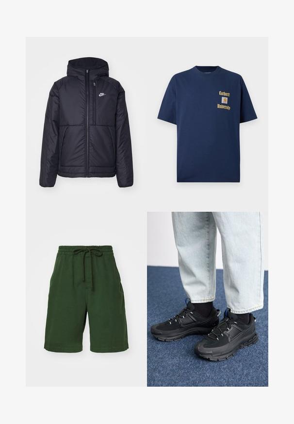 Veste Nike noire rembourrée avec une fermeture éclair sur le devant et une capuche. Elle présente un logo blanc sur la poitrine gauche et deux poches avant. Texture extérieure lisse.; T-shirt en coton bleu marine à manches courtes, avec le texte doré "Carhartt University" et un écusson logo sur la poitrine gauche.; Shorts en coton vert avec un waistband élastique et un cordon de serrage ajustable. Comprend des poches latérales et une coupe décontractée. Texture lisse.; Des chaussures de sport noires avec un tissu texturé et des semelles en caoutchouc, dotées de lacets élastiques et d'un accent bleu au talon. Portées avec un pantalon en denim clair.