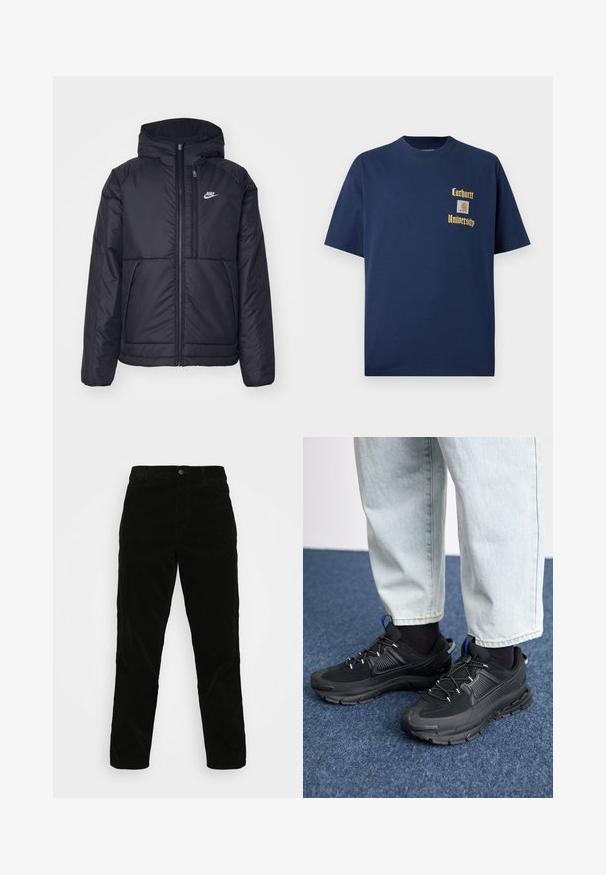 Giacca Nike nera, imbottita, con zip frontale e cappuccio. Presenta un logo bianco sul lato sinistro del petto e doppie tasche frontali. Texture esterna liscia.; T-shirt in cotone blu navy con maniche corte, caratterizzato da testo dorato "Carhartt University" e un patch del logo sul lato sinistro del petto.; Carhartt WIP SINGLE KNEE PANT - Pantaloni - black rinsed; Scarpe sportive nere con tessuto testurizzato e suole in gomma, dotate di lacci elastici e un accento blu sul tallone. Indossate con pantaloni in denim chiaro.