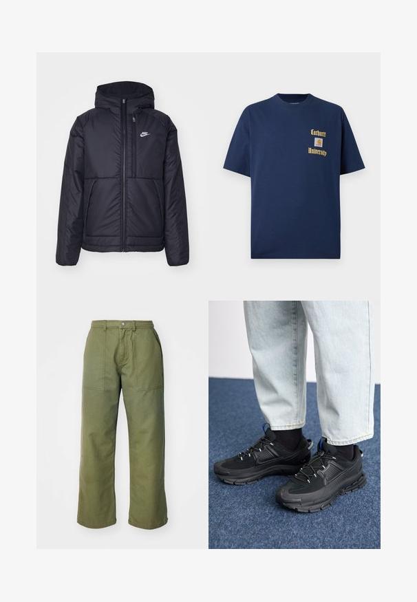 Fekete, párnázott Nike dzseki elülső cipzárral és kapucnival. A bal mellen fehér logó található, valamint két elülső zseb. Simának tűnő külső felület.; Sötétkék pamut póló rövid ujjal, arany színű "Carhartt University" felirattal és logóval a bal mellen.; Olívazöld, széles lábú nadrág, tartós anyagból készült, cipzáras nyitással, elülső zsebekkel és egyszerű varrási részletekkel.; Fekete sportcipők texturált anyaggal és gumitalppal, elasztikus fűzőkkel és kék kiegészítővel a saroknál. Világos farmernadrággal viselve.