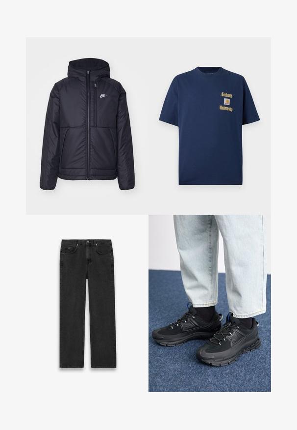 Jachetă Nike neagră, căptușită, cu fermoar pe față și glugă. Prezintă un logo alb pe pieptul stâng și două buzunare frontale. Textură exterioară netedă.; Tricou din bumbac bleumarin cu mâneci scurte, având inscripția aurie "Carhartt University" și o etichetă cu logo pe partea stângă a pieptului.; Blugi din denim negru cu croială dreaptă, având cinci buzunare, sistem de închidere cu nasture și o ușoară decolorare. Material texturat și detalii de cusătură minime.; Pantofi sport negri, cu țesătură texturată și tălpi din cauciuc, având șireturi elastice și un accent albastru pe toc. Purtați cu pantaloni din denim deschis.