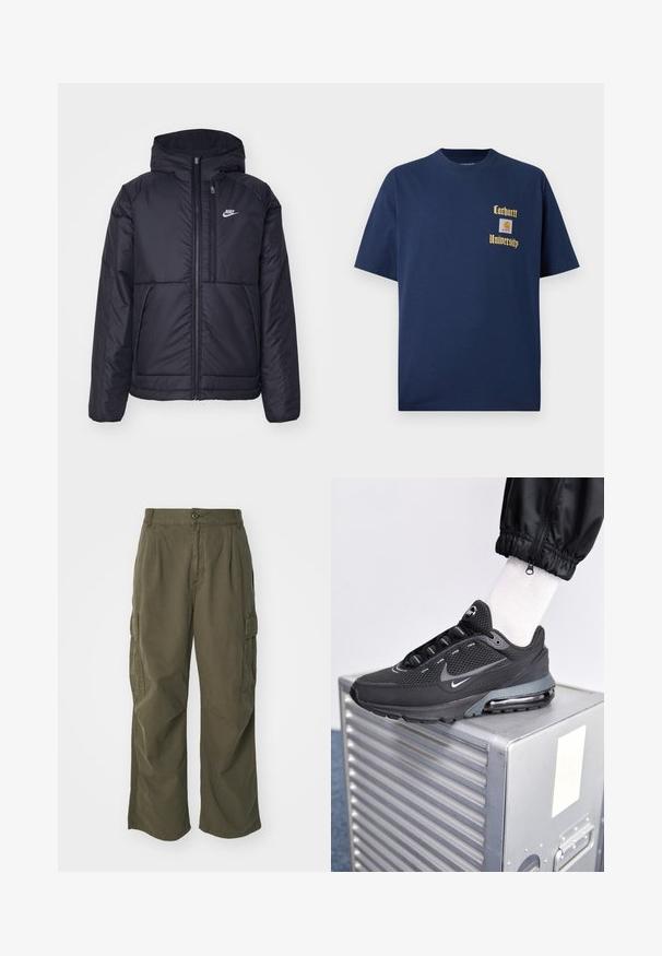 Černá zateplená bunda Nike s předním zipem a kapucí. Na levé straně hrudi má bílé logo a dvojité přední kapsy. Hladký povrch.; Námořnická modrá bavlněná tričko s krátkým rukávem, se zlatým textem "Carhartt University" a nášivkou na levé hrudi.; Olivové cargo kalhoty z bavlny, s širokým střihem, sklady a postranními kapsami pro praktičnost.; Nike Sportswear PULSE - Tenisky - black/anthracite