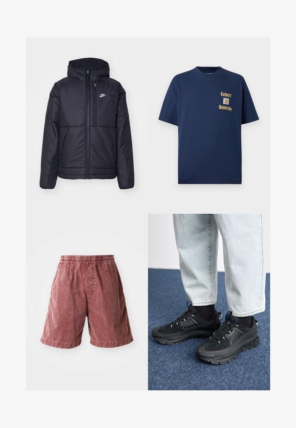 Must musta Nike jope, millel on ees lukuga avamine ja kapuuts. Vasakpoolne rind on kaunistatud valge logoga ning ees on kaks taskut. Sile välimine tekstuur.; Tume sinine puuvillane T-särk lühikeste varrukatega, millel on kuldne kiri "Carhartt University" ja logo aplikaat vasakul rinnal.; Raua värvi puuvillased lühikesed püksid elastse vööga, millel on tekstureeritud pind ja küljetaskud, ulatudes just üle põlve.; Mustad mustad jooksukingad, millel on tekstureeritud kangas ja kummist tallad, elastsed nöörid ning sinine aksent kandadel. Kandmine heledate teksadega.