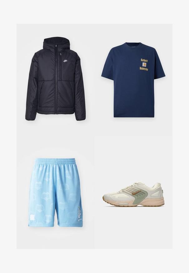 Sort, polstret Nike-jakke med frontlynlås og hætte. Har et hvidt logo på venstre bryst og to frontlommer. Glat ydre tekstur.; Marineblå bomulds T-shirt med korte ærmer, der har guld tekst "Carhartt University" og et logo patch på venstre bryst.; Lysblå atletikshorts lavet af glat stof, med et subtilt mønster, en elastisk talje og trykte logo detaljer på det ene ben.; Lavtop atletisk sneakers i beige med lysegrøn sidepanel, hvid mesh-overdel, brun Nike swoosh og beige sål med synlig luftpolstring.