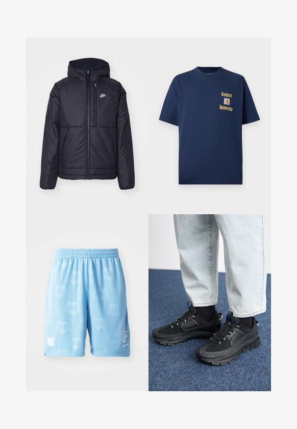 Schwarze, gepolsterte Nike-Jacke mit Frontreißverschluss und Kapuze. Hat ein weißes Logo auf der linken Brust und zwei Fronttaschen. Glattes äußeres Material.; Marineblaue Baumwoll-T-Shirt mit kurzen Ärmeln, mit goldener Schrift "Carhartt University" und einem Logo-Patch auf der linken Brust.; Helleblaue Sportshorts aus glattem Material, mit einem dezenten Muster, einem elastischen Bund und bedruckten Logo-Akzenten an einem Bein.; Schwarze Sportschuhe aus strukturiertem Stoff mit Gummisohlen, ausgestattet mit elastischen Schnürsenkeln und einem blauen Akzent an der Ferse. Getragen mit hellen Jeans.
