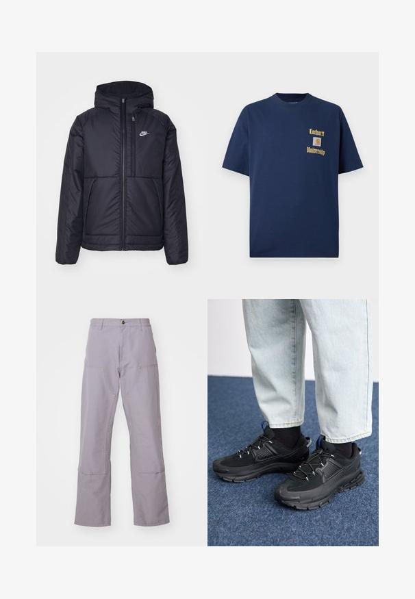 Zwarte, gewatteerde Nike-jas met een voorkant met ritssluiting en capuchon. Kenmerkt zich door een wit logo op de linkerborst en dubbele frontzakken. Gladde buitenkant.; Marineblauwe katoenen T-shirt met korte mouwen, voorzien van gouden tekst "Carhartt University" en een logo-label op de linkerborst.; Lichtpaarse broek met een recht gesneden ontwerp, voorzien van twee voorzakken en decoratieve stiksels. Gemaakt van duurzaam katoen.; Zwarte sportschoenen met gestructureerde stof en rubberen zolen, met elastische veters en een blauwe accent op de hiel. Draag samen met lichte spijkerbroeken.