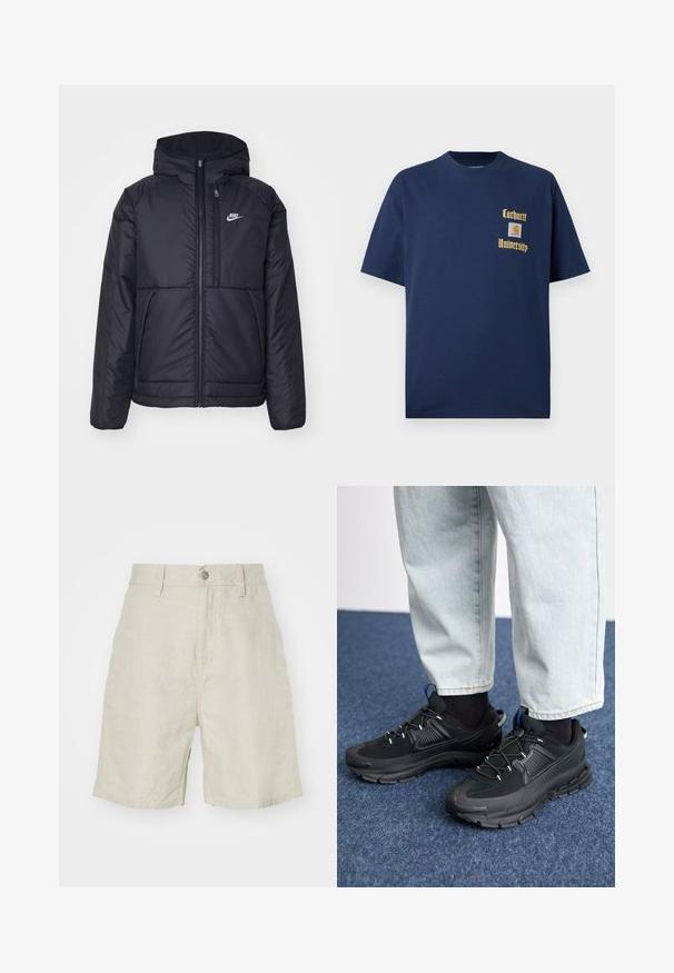 Veste Nike noire rembourrée avec une fermeture éclair sur le devant et une capuche. Elle présente un logo blanc sur la poitrine gauche et deux poches avant. Texture extérieure lisse.; T-shirt en coton bleu marine à manches courtes, avec le texte doré "Carhartt University" et un écusson logo sur la poitrine gauche.; Shorts en lin couleur beige clair, avec une taille haute, une fermeture à boutons et des poches latérales. Texture lisse avec une coupe décontractée.; Des chaussures de sport noires avec un tissu texturé et des semelles en caoutchouc, dotées de lacets élastiques et d'un accent bleu au talon. Portées avec un pantalon en denim clair.