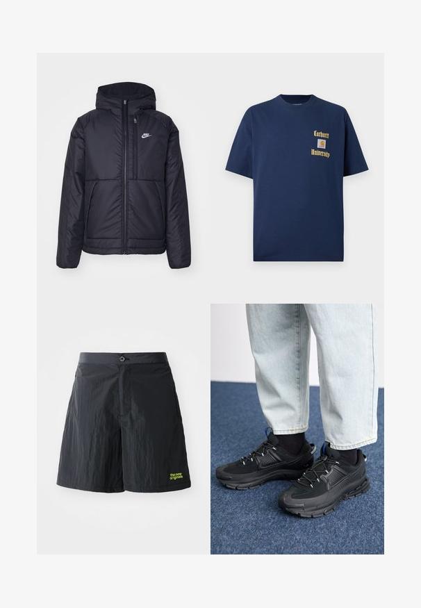 Casaco Nike preto, acolchoado, com fecho à frente e capuz. Apresenta um logo branco no lado esquerdo do peito e dois bolsos frontais. Textura exterior lisa.; T-shirt de algodão azul-marinho com mangas curtas, apresentando texto dourado "Carhartt University" e um emblema no lado esquerdo do peito.; The New Originals RUNNING - Calções - black; Sapatilhas desportivas pretas com tecido texturizado e solas em borracha, apresentando atacadores elásticos e um detalhe azul no calcanhar. Usadas com calças de ganga claras.