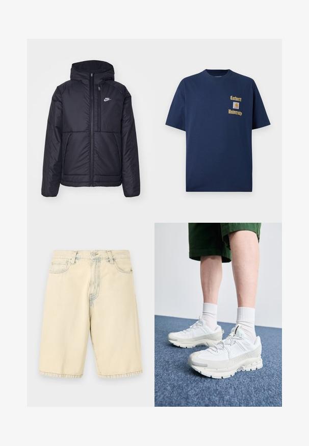 Juodas, paminkštintas Nike džemperis su priekyje užtrauktuku ir gobtuvu. Pasižymi balta logo kairėje krūtinės pusėje ir dviem priekinėmis kišenėmis. Su lygiu išoriniu paviršiumi.; Tamsiai mėlyna medvilninė marškinėliai trumpomis rankovėmis, su auksiniu tekstu "Carhartt University" ir logotipo siuviniu kairėje krūtinės pusėje.; Bežiniai džinsiniai šortai tiesiu kirpimu, su penkiais kišenėmis ir diržo kilpos. Yra šiek tiek išblukęs dizainas su siuvinėjimo akcentais.; Baltos sportinės bateliai su tekstūruotais uždengimais, masyviu padu ir pilkais akcentais. Dėvimi su baltais trumpais kojiniais ir žaliais šortais mėlyname paviršiuje.