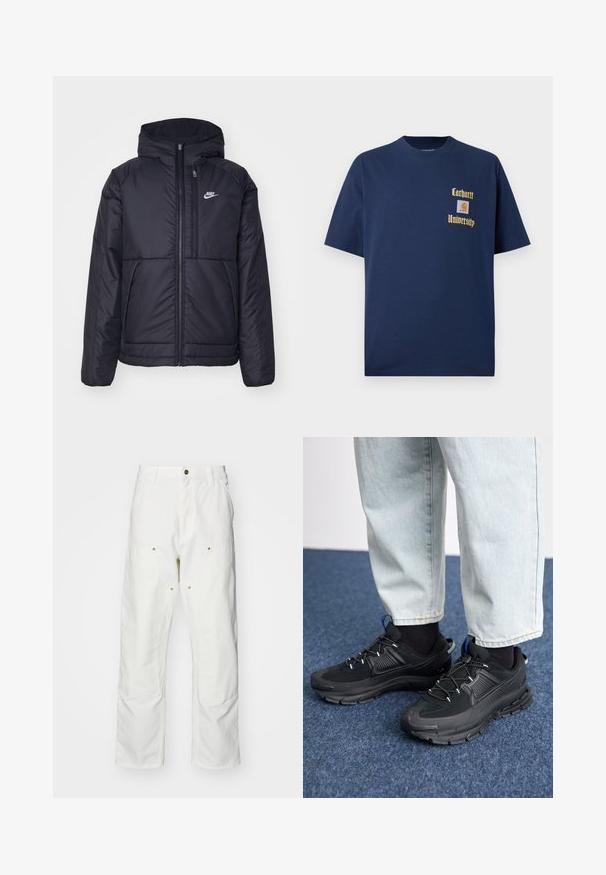 Czarna, pikowana kurtka Nike z przednim zamkiem błyskawicznym i kapturem. Posiada białe logo po lewej stronie klatki piersiowej oraz podwójne kieszenie z przodu. Gładka struktura zewnętrzna.; Granatowa bawełniana koszulka z krótkim rękawem, z złotym napisem "Carhartt University" oraz naszywką z logo na lewej piersi.; Białe bawełniane spodnie cargo o luźnym kroju. Cechy to przednie kieszenie, złote akcenty oraz wzmocnione części kolan.; Czarne buty sportowe z teksturowanej tkaniny i gumowymi podeszwami, z elastycznymi sznurówkami i niebieskim akcentem na pięcie. Noszone z jasnymi dżinsami.