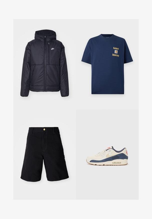 Veste Nike noire rembourrée avec une fermeture éclair sur le devant et une capuche. Elle présente un logo blanc sur la poitrine gauche et deux poches avant. Texture extérieure lisse.; T-shirt en coton bleu marine à manches courtes, avec le texte doré "Carhartt University" et un écusson logo sur la poitrine gauche.; Shorts en denim noir avec une fermeture à bouton, présentant une coupe droite, des poches latérales et des coutures renforcées pour plus de durabilité.; Baskets avec un dessus en cuir crème et en suède bleu marine, dotées d'une semelle à air visible, d'une semelle en caoutchouc beige et d'un accent rouge au talon.