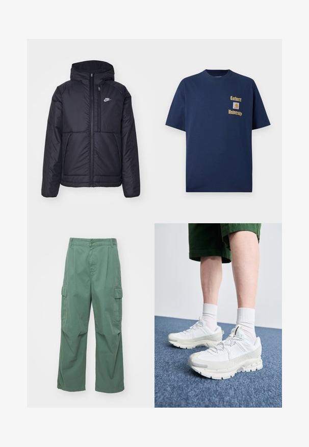 Giacca Nike nera, imbottita, con zip frontale e cappuccio. Presenta un logo bianco sul lato sinistro del petto e doppie tasche frontali. Texture esterna liscia.; T-shirt in cotone blu navy con maniche corte, caratterizzato da testo dorato "Carhartt University" e un patch del logo sul lato sinistro del petto.; Pantaloni cargo verdi in cotone, con una vestibilità ampia, gambe larghe e tasche laterali. Il tessuto ha una texture liscia senza fantasie.; Scarpe da ginnastica bianche con sovrapposizioni testurizzate, suola spessa e accenti grigi. Indossate con calze corte bianche e pantaloni corti verdi su una superficie blu.