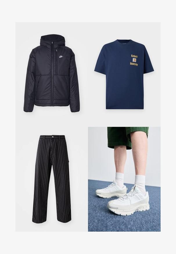 Must musta Nike jope, millel on ees lukuga avamine ja kapuuts. Vasakpoolne rind on kaunistatud valge logoga ning ees on kaks taskut. Sile välimine tekstuur.; Tume sinine puuvillane T-särk lühikeste varrukatega, millel on kuldne kiri "Carhartt University" ja logo aplikaat vasakul rinnal.; Tumestri jalad, millel on laiad säärte, valmistatud kangast, kus on vertikaalsed valged triibud, nööp ja tõmblukk, ning küljetaskud.; Valged sportsijalatsid tekstuursete pealsete, kopsaka tallaga ja hallide aktsentidega. Kanda valgete lühikeste sokkidega ja roheliste lühikeste pükstega sinisel pinnal.