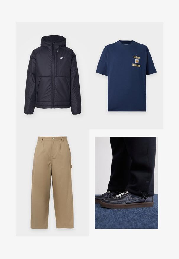 Svart, polstret Nike-jakke med frontglidelås og hette. Har en hvit logo på venstre bryst og doble frontlommer. Glatt ytterside.; Mørk blå bomull t-skjorte med korte ermer, med gulltekst "Carhartt University" og et logo-patch på venstre bryst.; Beige vidde bukser laget av bomullsblandig, med høy midje, frontfolder og to sidelommer med knappelukking.; Nike Sportswear KILLSHOT 2 LTR PRM OPP2 - Joggesko - black sail baroque brown mtlc dk grey