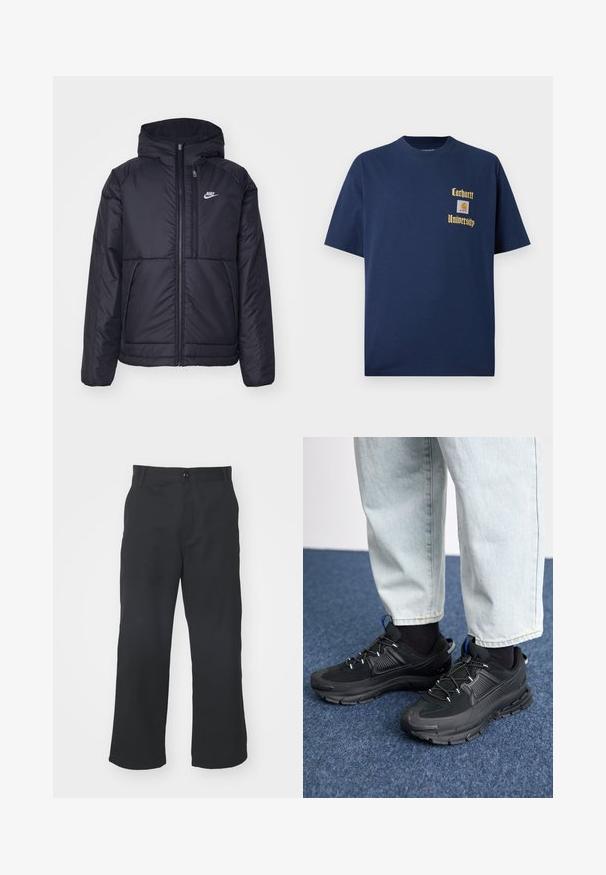 Giacca Nike nera, imbottita, con zip frontale e cappuccio. Presenta un logo bianco sul lato sinistro del petto e doppie tasche frontali. Texture esterna liscia.; T-shirt in cotone blu navy con maniche corte, caratterizzato da testo dorato "Carhartt University" e un patch del logo sul lato sinistro del petto.; Pantaloni neri a gamba dritta realizzati in un tessuto a trama liscia, con chiusura frontale a bottone e tasche standard.; Scarpe sportive nere con tessuto testurizzato e suole in gomma, dotate di lacci elastici e un accento blu sul tallone. Indossate con pantaloni in denim chiaro.