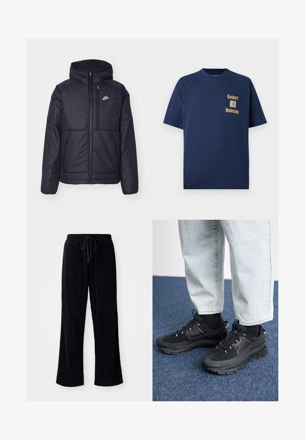Musta, pehmustettu Nike-takki, jossa on etuvetoketju ja huppu. Vasemmassa rinnassa on valkoinen logo ja takissa on kaksinkertaiset etutaskut. Pintakoe on sileä.; T-paidat tummansinisestä puuvillasta, joissa on lyhyet hihat. Edessä kultaisella tekstillä "Carhartt University" ja logo-tasku vasemmalla rintapuolella.; Mustat sametihousut, joissa on löysä istuvuus, elastinen vyötärö ja kiristysnauha. Kankaan pinta on rypytetty ja kangas näyttää pehmeältä.; Mustat urheilukengät, joissa on teksturoitu kangas ja kumipohjat, elastiset nauhat ja sininen yksityiskohta kannassa. Yhdistetty vaaleisiin farkkuihin.