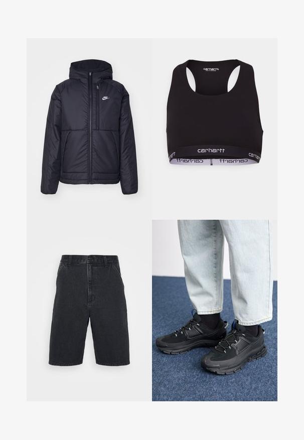 Melna, pufota Nike jaka ar priekšējo rāvējslēdzēju un kapuci. Iezīmēta ar baltu logotipu uz kreisās krūtis un divām priekšējām kabatām. Gluda ārējā tekstūra.; Melna sporta krūšturis ar apaļu kakla izgriezumu un sacensību aizmuguri. Iezīmēts ar pastiprinātu jostasvietu ar balto "carhartt" zīmolu. Mīksta auduma tekstūra.; Melnas denima šortas ar taisnu griezumu, ar pogu aizdari un divām sānu kabatām. Nepilnīga apakšmala ar subtīliem nodiluma akcentiem.; Melni sporta apavi ar strukturētu audumu un gumijas zoli, ar elastīgām auklām un zilu akcentu uz papēža. Nēsāti ar gaišām džinsu biksēm.