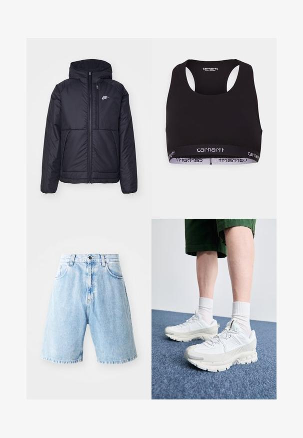 Casaco Nike preto, acolchoado, com fecho à frente e capuz. Apresenta um logo branco no lado esquerdo do peito e dois bolsos frontais. Textura exterior lisa.; Sutiã desportivo preto com decote redondo e design às costas em estilo nadador. Apresenta uma faixa na cintura reforçada com a marca "carhartt" em branco. Textura de tecido suave.; Bermudas de jeans azul claro com cintura alta, apresentando dois bolsos frontais, fecho de botão e detalhes de bainha desfiada. Design casual.; Sapatos atléticos brancos com sobreposições texturizadas, sola espessa e detalhes em cinza. Usados com meias brancas até ao tornozelo e calções verdes sobre uma superfície azul.