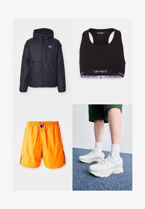 Casaco Nike preto, acolchoado, com fecho à frente e capuz. Apresenta um logo branco no lado esquerdo do peito e dois bolsos frontais. Textura exterior lisa.; Sutiã desportivo preto com decote redondo e design às costas em estilo nadador. Apresenta uma faixa na cintura reforçada com a marca "carhartt" em branco. Textura de tecido suave.; Calções de desporto laranja com cintura elástica, cordão ajustável e bolsos laterais com fecho. Feitos de um tecido leve e suave.; Sapatos atléticos brancos com sobreposições texturizadas, sola espessa e detalhes em cinza. Usados com meias brancas até ao tornozelo e calções verdes sobre uma superfície azul.