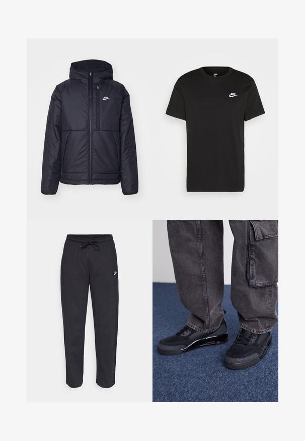 Crna Nike jakna s podstavom, dugmadi sprijeda i kapuljačom. Ima bijeli logotip na lijevoj strani prsnog koša i dva prednja džepa. Glatka vanjska tekstura.; Crna pamučna majica s kratkim rukavima, okruglim izrezom i malim bijelim Nike logom na gornjoj lijevoj strani prsnog koša. Glatka tekstura. Klasičan kroj.; Crne trenirke od mekog materijala s elastičnom gumom u struku, kaptastom vezicom i malim Nike logom na lijevom butu.; Crne atletske cipele s teksturiranom površinom, glatkim detaljima i debelim potplatom, u paru s tamnim, širokim cargo hlačama.