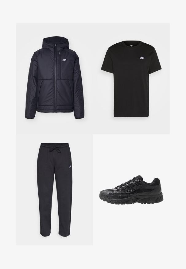 Svart, polstret Nike-jakke med frontglidelås og hette. Har en hvit logo på venstre bryst og doble frontlommer. Glatt ytterside.; Svart bomull T-skjorte med kort erm, rund hals, og en liten hvit Nike-logo på øvre venstre bryst. Myk tekstur. Klassisk passform.; Sorte sweatpants laget av mykt stoff med elastisk midjebånd, snøring og en liten Nike-logo på venstre lår.; Svart idrettssko med overdel i mesh og syntetisk materiale, teksturert overflate, snøring og et mønstret gummisåle for grep.