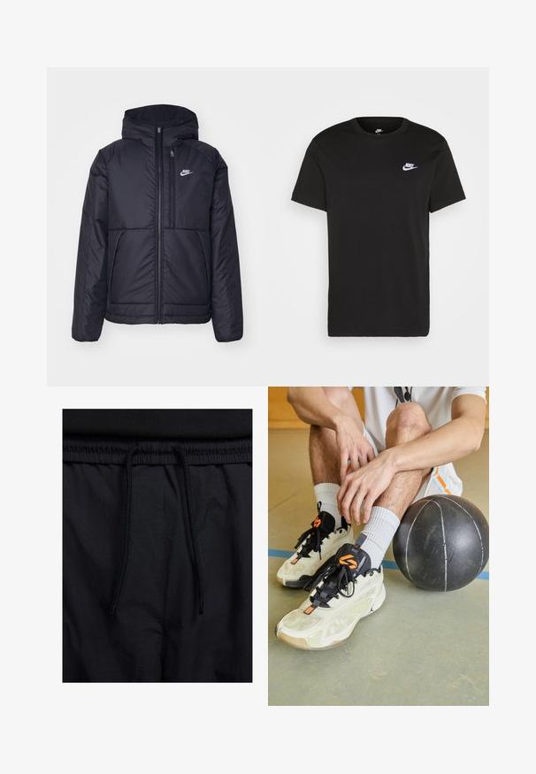 Sort, polstret Nike-jakke med frontlynlås og hætte. Har et hvidt logo på venstre bryst og to frontlommer. Glat ydre tekstur.; Sort bomuld T-shirt med korte ærmer, rund hals og et lille hvidt Nike-logo på den øverste venstre bryst. Glat tekstur. Klassisk pasform.; Sorte shorts med snoretræk i taljen, letvægtsstof med en glat tekstur og et simpelt design uden synlige logoer eller mønstre.; Mandlig basketballspiller sidder på bane gulvet med en sort basketball, iført hvid og orange shorts, hvide sokker og beige sneakers med sorte snørebånd.