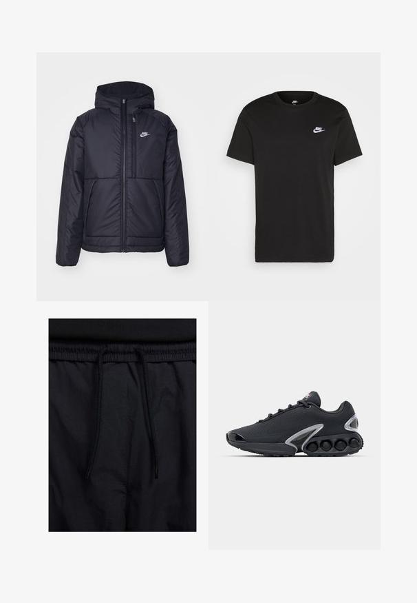 Svart, polstret Nike-jakke med frontglidelås og hette. Har en hvit logo på venstre bryst og doble frontlommer. Glatt ytterside.; Svart bomull T-skjorte med kort erm, rund hals, og en liten hvit Nike-logo på øvre venstre bryst. Myk tekstur. Klassisk passform.; Sorte shorts med snor i livet, lett stoff med en jevn tekstur, og et enkelt design uten synlige logoer eller mønstre.; Svart trening sneakers med teksturert overdel, rund tå og distinkt såle med flere sirkulære detaljer. Sølvfarget beslag.