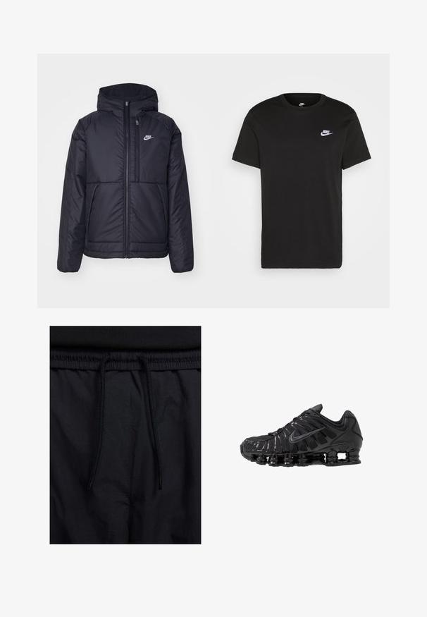 Svart, polstret Nike-jakke med frontglidelås og hette. Har en hvit logo på venstre bryst og doble frontlommer. Glatt ytterside.; Svart bomull T-skjorte med kort erm, rund hals, og en liten hvit Nike-logo på øvre venstre bryst. Myk tekstur. Klassisk passform.; Sorte shorts med snor i livet, lett stoff med en jevn tekstur, og et enkelt design uten synlige logoer eller mønstre.; Svarte sportssko laget av mesh og syntetiske materialer, med et tydelig bølget design, svart gummisåle og reflekterende detaljer.