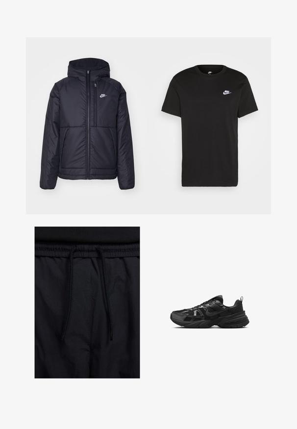 Črna, podložena Nike jakna z sprednjim zadrgo in kapuco. Ima bel logo na levem prsnem delu in dvojna sprednja žepa. Gladka zunanja tekstura.; Črna bombažna majica s kratkimi rokavi, okroglo ovratnikom in majhnim belim logotipom Nike na zgornji levi strani prsi. Gladka tekstura. Klasičen kroj.; Črne kratke hlače z vrvico v pasu, lahkotna tkanina z gladko teksturo in preprosto zasnovo brez vidnih logotipov ali vzorcev.; Črne športne čevlje z mrežastim zgornjim delom, gumijastim podplatom in teksturiranimi detajli. Imajo vezalni dizajn in izrazit logotip na strani.